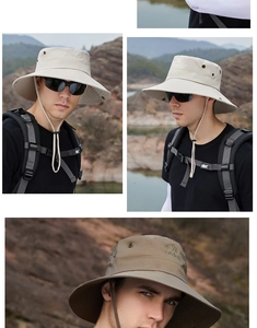 Detail view of outdoor sun hats with wide brims, windproof ropes, and breathable vents