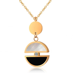 Minimalist double circle pendant necklace with white shell and black enamel detail
