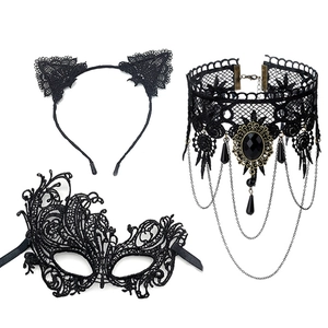 Detail of gothic black lace accessories set with choker, eye mask and cat ear headband
