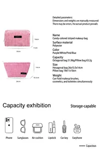 Size guide for plush striped makeup bags showing dimensions and weights for all styles