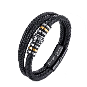Multilayer braided leather men's bracelet with magnetic clasp and Love you forever engraving