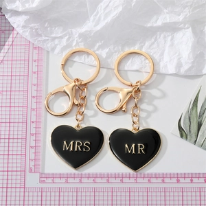 Minimalist Mr and Mrs heart-shaped enamel keychains with gold-tone metal clips