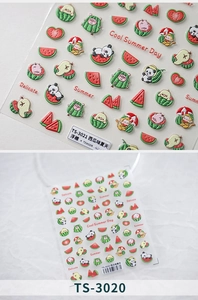 Close-up of 5D embossed watermelon nail art stickers featuring creative panda illustrations