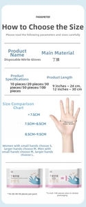 Detailed size chart and specifications for disposable nitrile cleaning gloves with measurements
