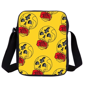 Yellow Mexican Skull crossbody bag with 3D floral pattern and adjustable black strap