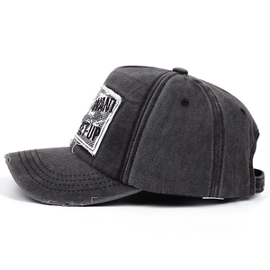 Vintage washed dark grey cotton baseball cap with KEEP UP embroidery and distressed brim