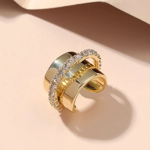 Elegant wide golden band ring with triple rows featuring sparkling micro-pave crystals