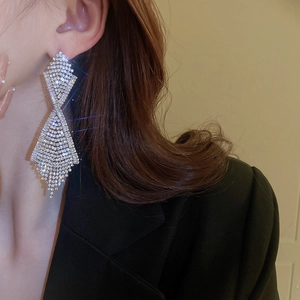 Close-up of model wearing long silver tassel drop earrings with sparkling rhinestones