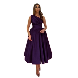 Elegant one-shoulder plum satin evening dress with pleated bodice and A-line silhouette