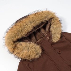 Brown parka coat with thick faux fur hood and fleece lining in a side-profile view