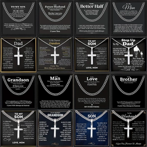 Cross Pendant Necklace Stainless Steel Zinc Alloy Cuban Chain With Inspirational Message Card Box For Men Family Gifts