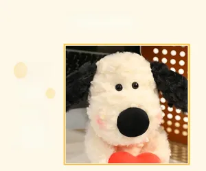 Close-up of cute plush dog with curly white faux fur and red heart detail for kids