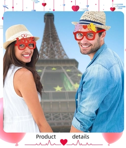 Detail of Valentine's Day glitter LOVE eyewear and cupid heart frames for couple's photoshoot