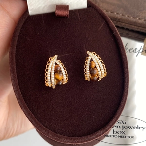 Tiger Eye Water Drop Stud Earrings With 925 Sterling Silver Earring Post Copper Zircon Inlaid Vintage Style For Women