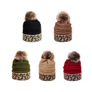 Winter knit beanies featuring leopard print cuffs and cozy faux fur pom-poms in five colors