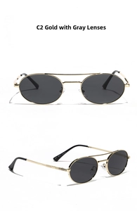 Detail view of gold metal sunglasses with grey lenses and temple size specifications