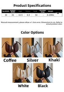 Tableau des tailles détaillé et options de couleurs du sac demi-lune en cuir PU