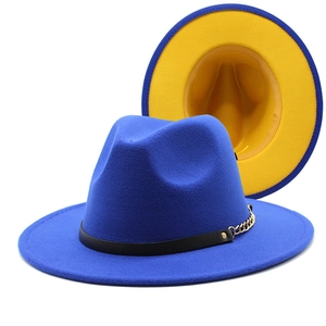 Two-tone blue and yellow wool fedora hat with a black leather band and gold chain