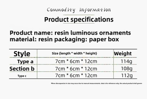 Detailed size chart showing resin Christmas house dimensions and weight specifications