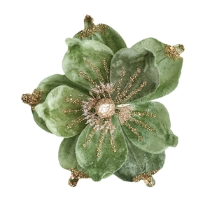 Sage green velvet artificial magnolia flower with gold glitter and beads for Christmas decor