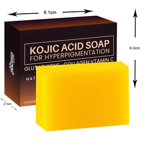 Detailed size view of Kojic Acid Soap box measuring 8.1cm by 6.3cm with yellow soap bar
