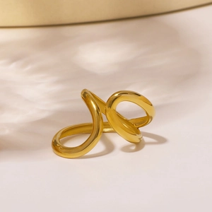 Minimalist 18K gold stainless steel asymmetrical double teardrop ring with soft shadows