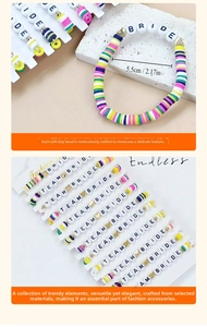 Detail view of colorful polymer clay bead bracelets for bride and team bride with dimensions