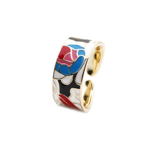 Adjustable gold plated copper ring with multi-color floral enamel geometric pattern