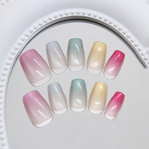 Rainbow cat eye press-on nails set with colorful gradient French tips on mirror base