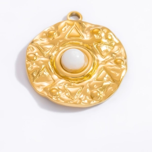 Vintage 18k gold plated stainless steel geometric pendant with white stone inlay