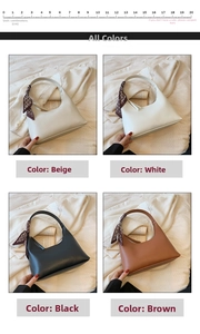 Detail view of four minimalist underarm bags with silk scarves on a fabric background