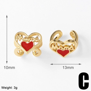 Detail showing 18k gold plated heart earrings with red enamel Mama lettering and dimensions