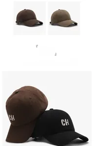 Detailed comparison of cotton baseball caps in brown, khaki, and black with CH embroidery