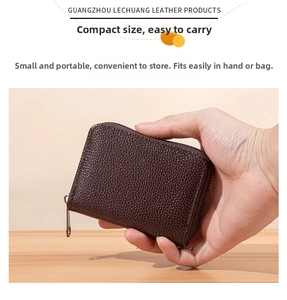 Compact brown lychee texture leather card holder with a metal zipper for women
