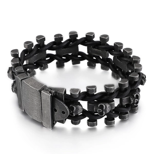 Bracelet tête de mort gothique pour homme en cuir tressé noir et métal argenté antique
