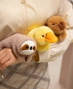 Detailed plush wristbands showing soft sloth, duck, and capybara plush toys on wrist