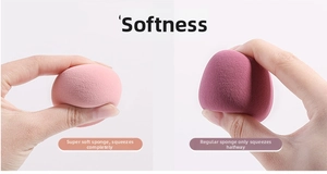 Comparison showing the superior softness and flexibility of two makeup sponges in hand
