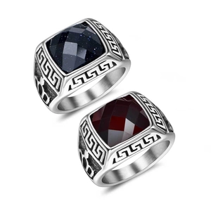 Silver titanium steel couple rings with blue sandstone and red gemstone inlay