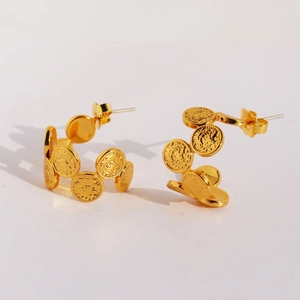 Retro golden C-shaped hoop earrings featuring embossed coin design for women