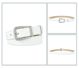 Detail of white PU leather belt featuring a matte silver square pin buckle and stitching