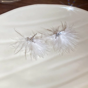 Dettaglio di orecchini con piume bianche e nappe su un vassoio decorativo a conchiglia