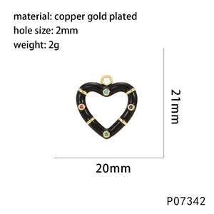 Detailed size specifications for heart pendant with black enamel and colored zircons