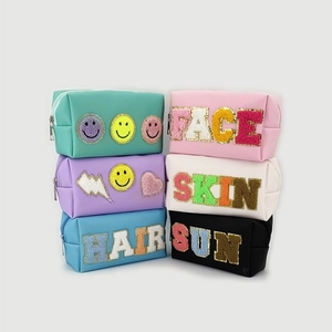 Set of 6 colorful PU makeup bags with chenille letter patches and gold glitter edges