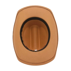 Internal view of brown felt fedora hat with black sweatband and white care label