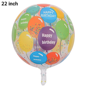 Detail of 22-inch transparent 4D balloon with colorful Happy Birthday patterns