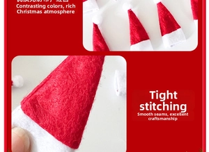 Detail of mini red and white Christmas hats showing fine stitching and felt fabric texture