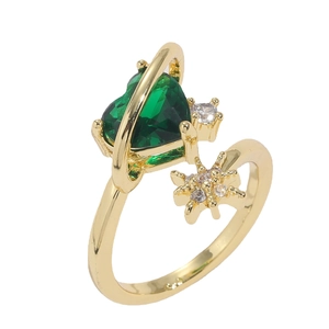 Minimalist 14K gold plated ring featuring a heart-shaped green zircon and star accents