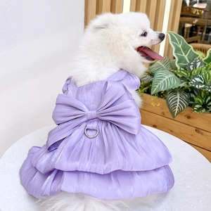 Detail of purple satin pet dress with large bow and leash D-ring on white Pomeranian