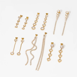 Set of six gold stainless steel tassel earrings with sparkling zircon crystals