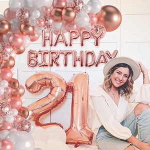 Rose gold 21st birthday balloon set with Happy Birthday banner and sequins